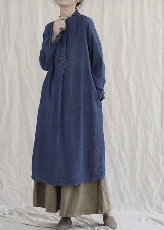 Style Blue Ruffled Pockets Denim Ankle Dress