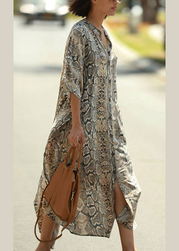 Stand Collar Print Button Side Open Maxi Shirts Dresses Summer