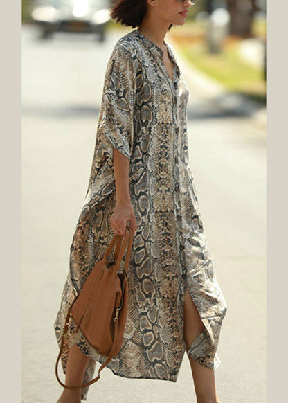 Stand Collar Print Button Side Open Maxi Shirts Dresses Summer