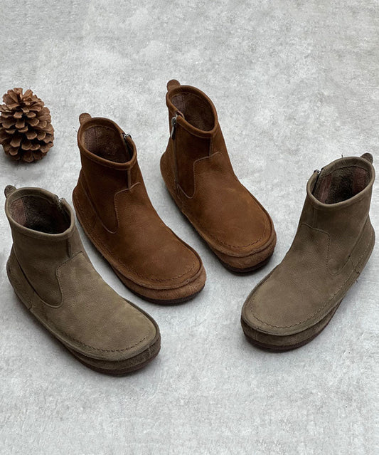 Coffee Cowhide Leather Boots Zippered Ankle Boots