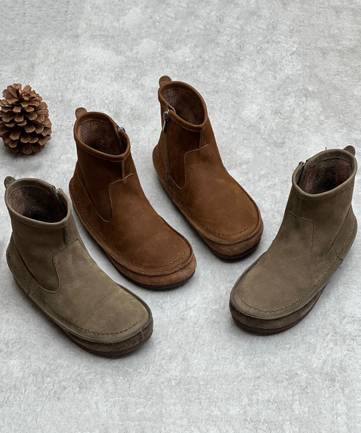 Coffee Cowhide Leather Boots Zippered Ankle Boots