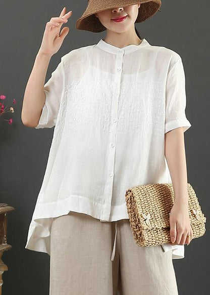 Art White Embroidery Linen Top for Stand Collar Midi Summer Top