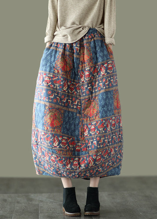 Fine Elastic Waist Pockets Print Fine Cotton Filled a Line Skirt Winter