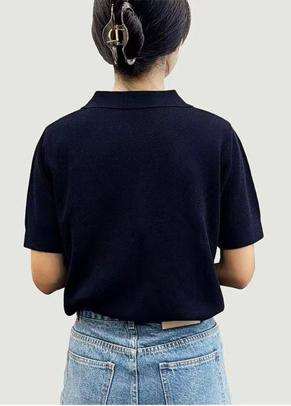 Simple Black Peter Pan Collar Cotton T Shirts Summer