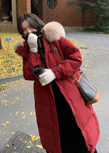 Classy Red Hooded Fur Collar Thick Duck Down Jacket in Winter