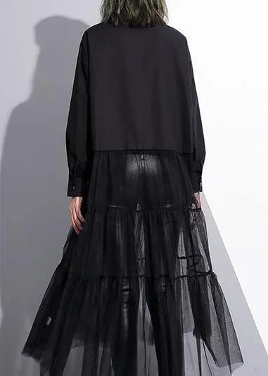 Modern Black Cotton Patchwork Tulle Fine Runway Lapel False Two Pieces Cotton Summer Dresses