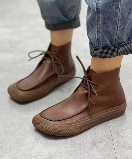 Coffee Cowhide Leather Boots Lace Up Ankle Boots