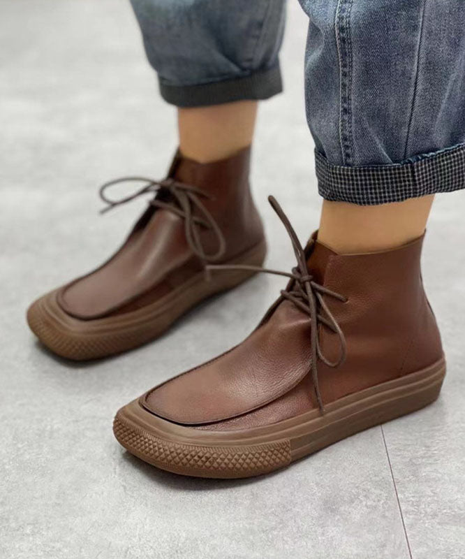 Coffee Cowhide Leather Boots Lace Up Ankle Boots
