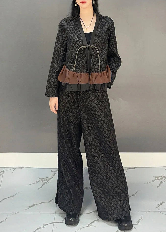 Chinese Style Black V Neck Button Top and Wide Leg Pants Two Pieces Set Spring