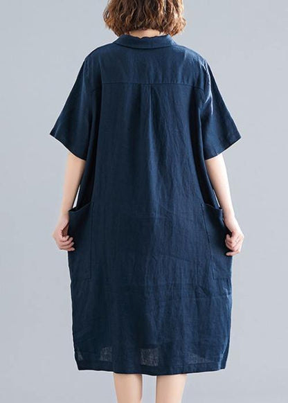 Navy Cotton Quilting Clothes Lapel Pockets Dress