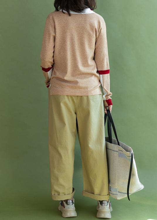 Chunky Khaki Knit Blouse V Neck Sweaters Side Open