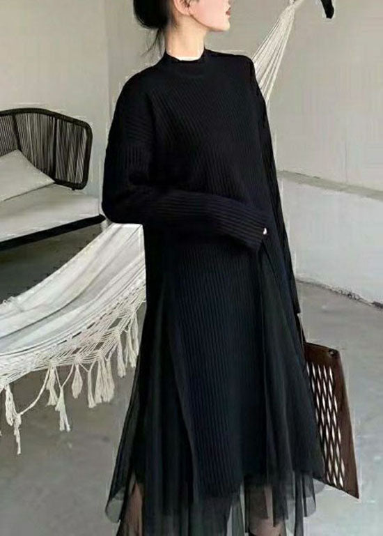 Boutique Black Stand Collar Front Open Knit Tops and Skirts Two Pieces Set Spring