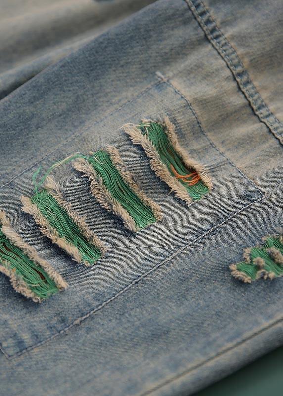 Blue Elastic Waist Hole Denim Pants Summer