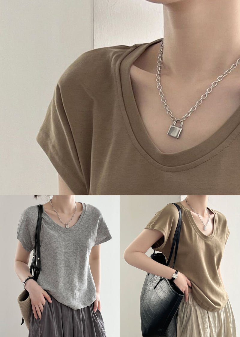 Grey Cotton T Shirt Top O Neck Short Sleeve