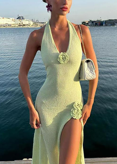 French Fruit Green Decorated Side Open Knit Holiday Dress