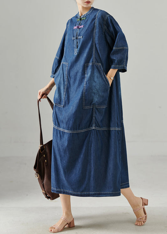 Navy Oversized Chinese Button Denim Dress Bracelet Sleeve