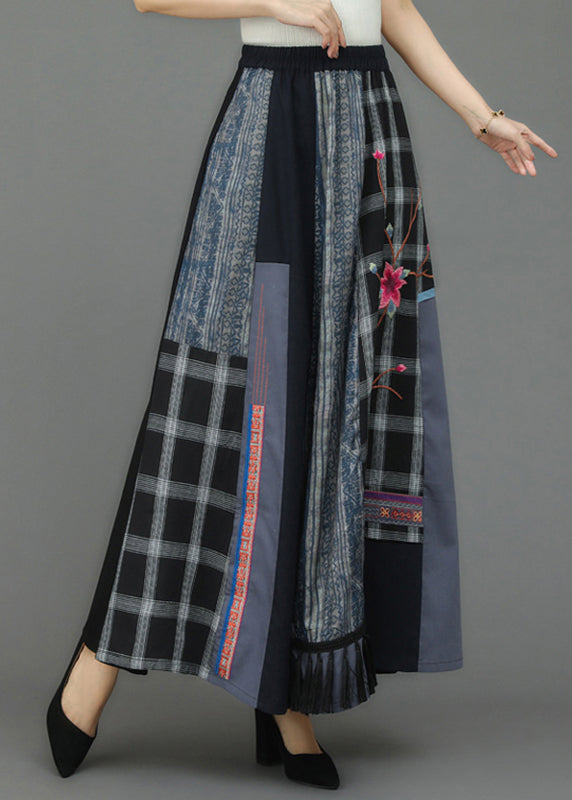 Retro Embroideried Pockets Plaid Patchwork Elastic Waist Skirts Fall