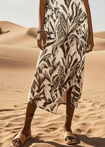 Art Brown Print Cotton Long Dress Summer