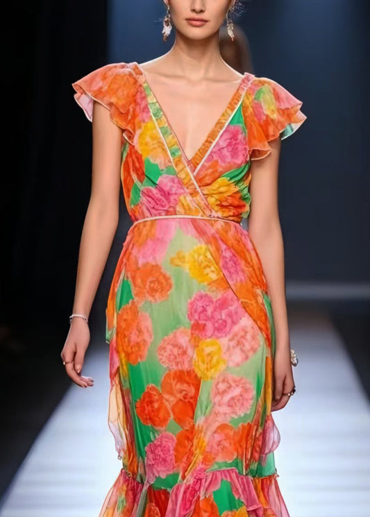 Orange V Neck Chiffon Maxi Dress Summer