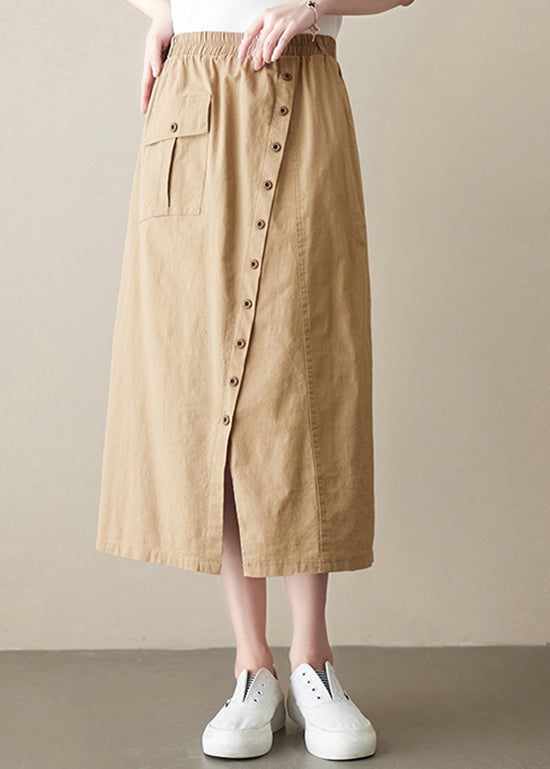 Boutique Khaki Asymmetrical Side Open Elastic Waist Button Linen Skirt Spring