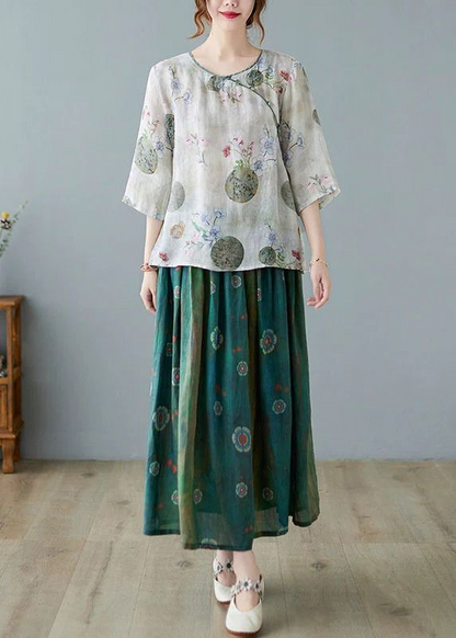 Blue Stripes Print Ramie Elastic Waist Skirt