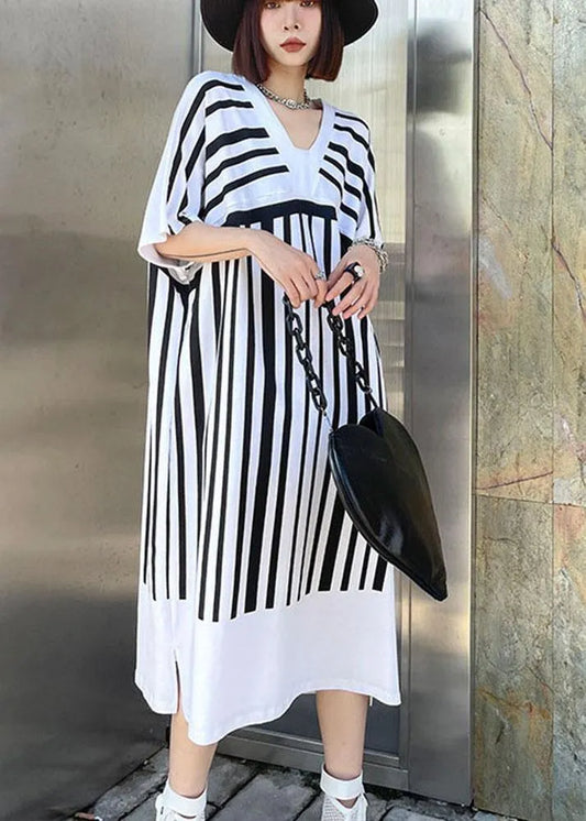 White Striped Cotton Dress V Neck Summer Long Dresses