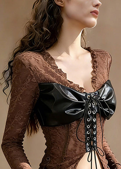 Coffee Ruffled Lace Up Patchwork Lace T Shirt Tops Spring
