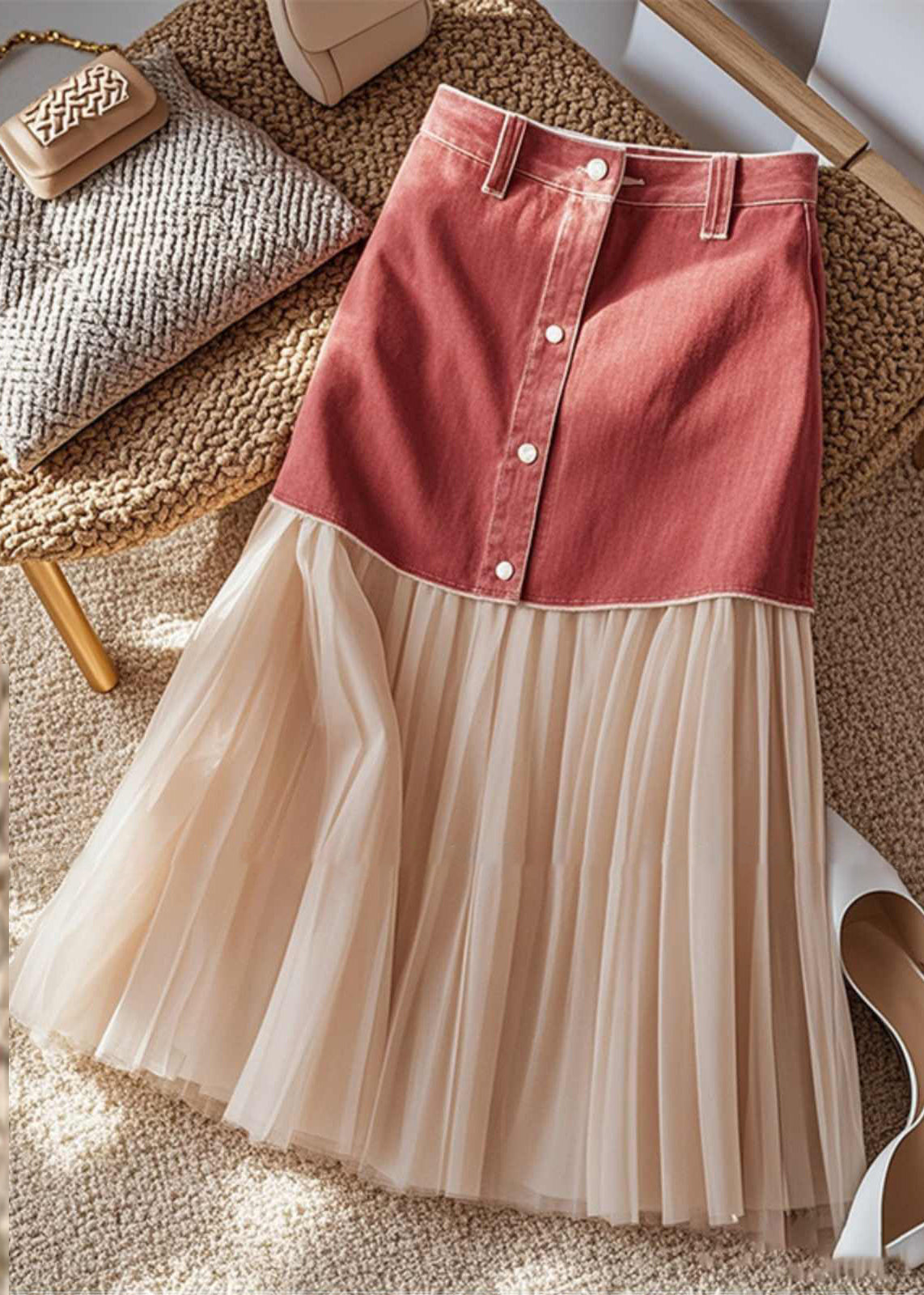 Art Colorblock Patchwork Button High Waist Maxi Skirt Spring