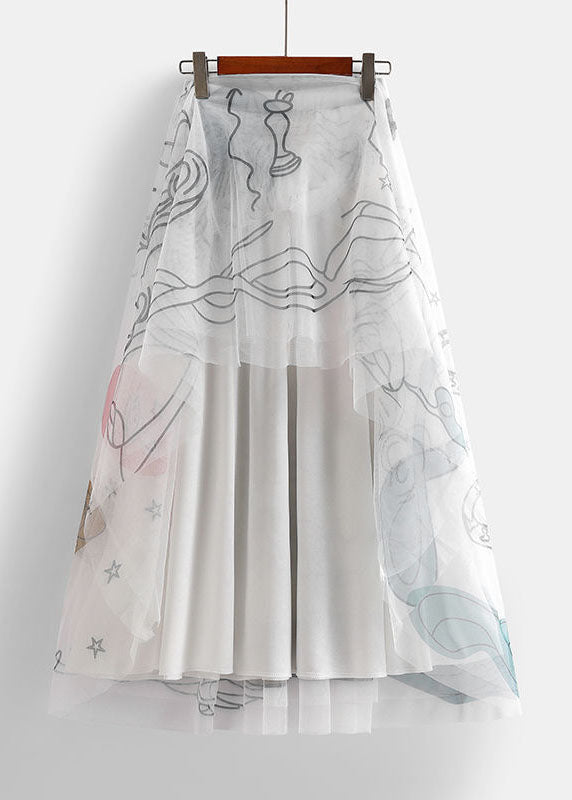 White Elastic Waist Print Tulle Holiday Skirts Spring