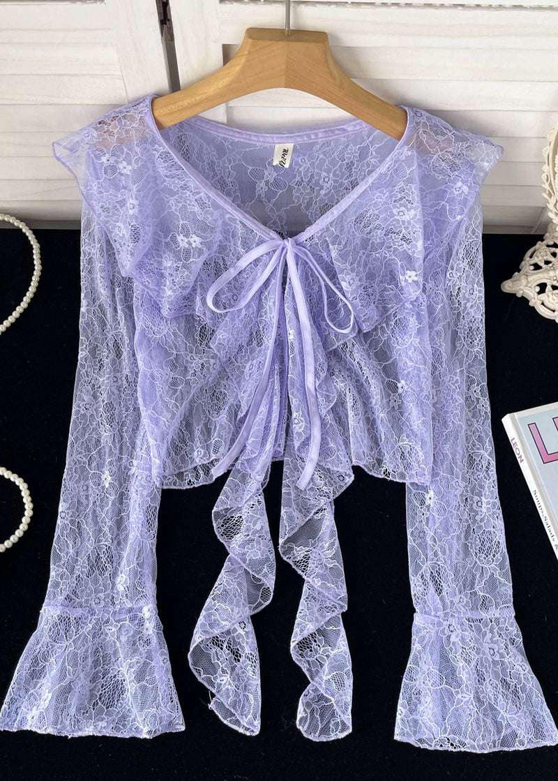 Pink Ruffled Lace Up Lace Tops Flare Sleeve
