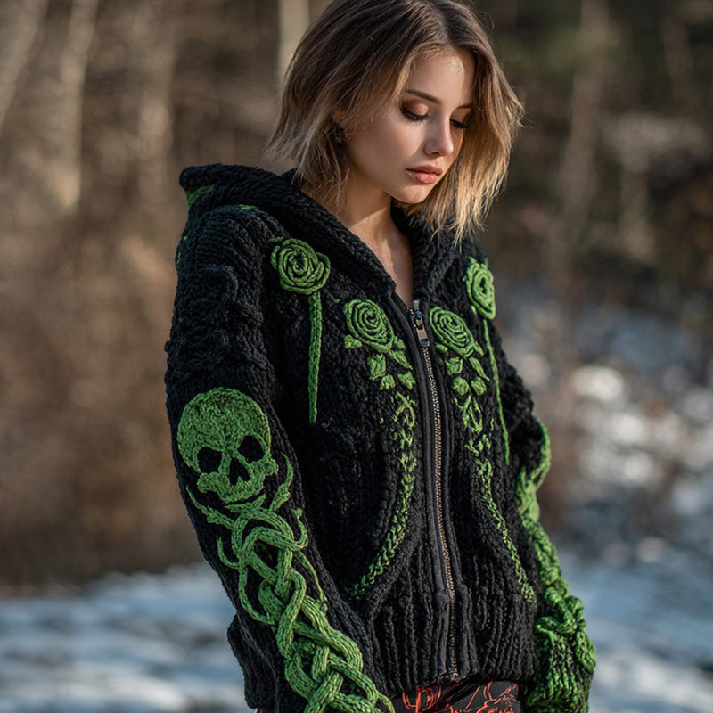 Comstylish Women's Vintage Celtic Knot Skull And Roses Knit Hooded Zip-up Sweater