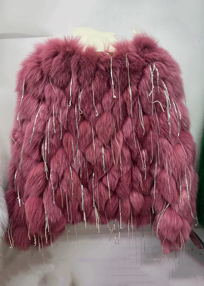 Green Tasseled Original Design Leather and Fur Coats Spring