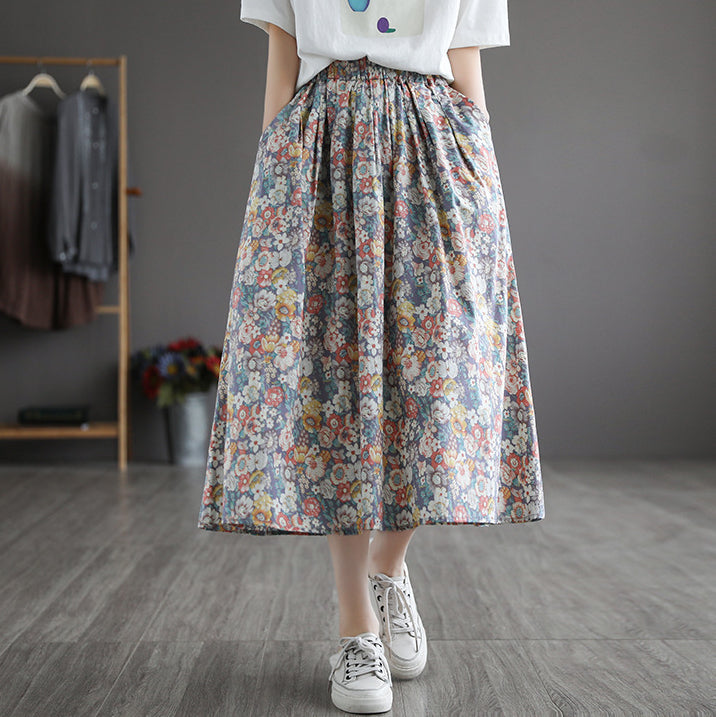 Literary Pleated Elastic Waist A-line Skirt