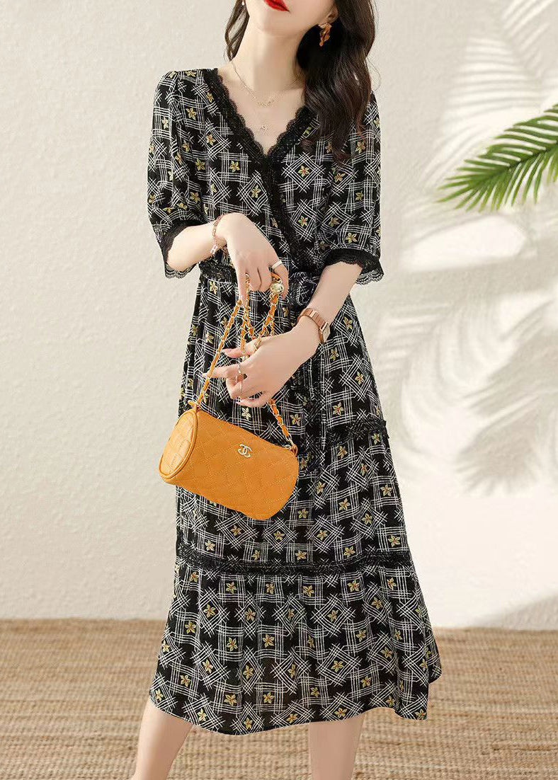 Black V Neck Print Tie Waist Cotton Long Dresses Half Sleeve