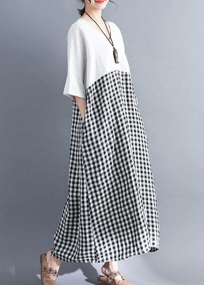 Simple White V Neck Cotton Clothes Patchwork Cotton Summer Dresses