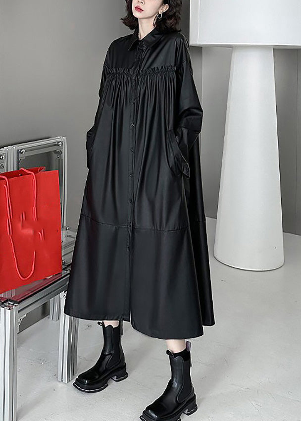 Black Peter Pan Collar Faux Leather Patchwork Wrinkled Button Trench Coats Long Sleeve