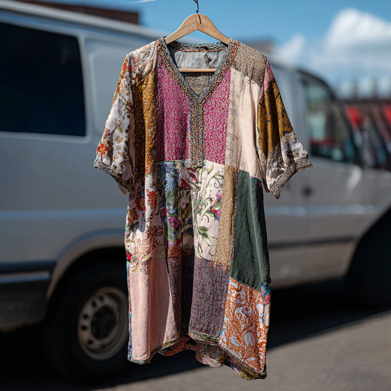 Countryside Style Collection Classy Patchwork Floral Pattern Art Linen Maxi Dress elevenforest