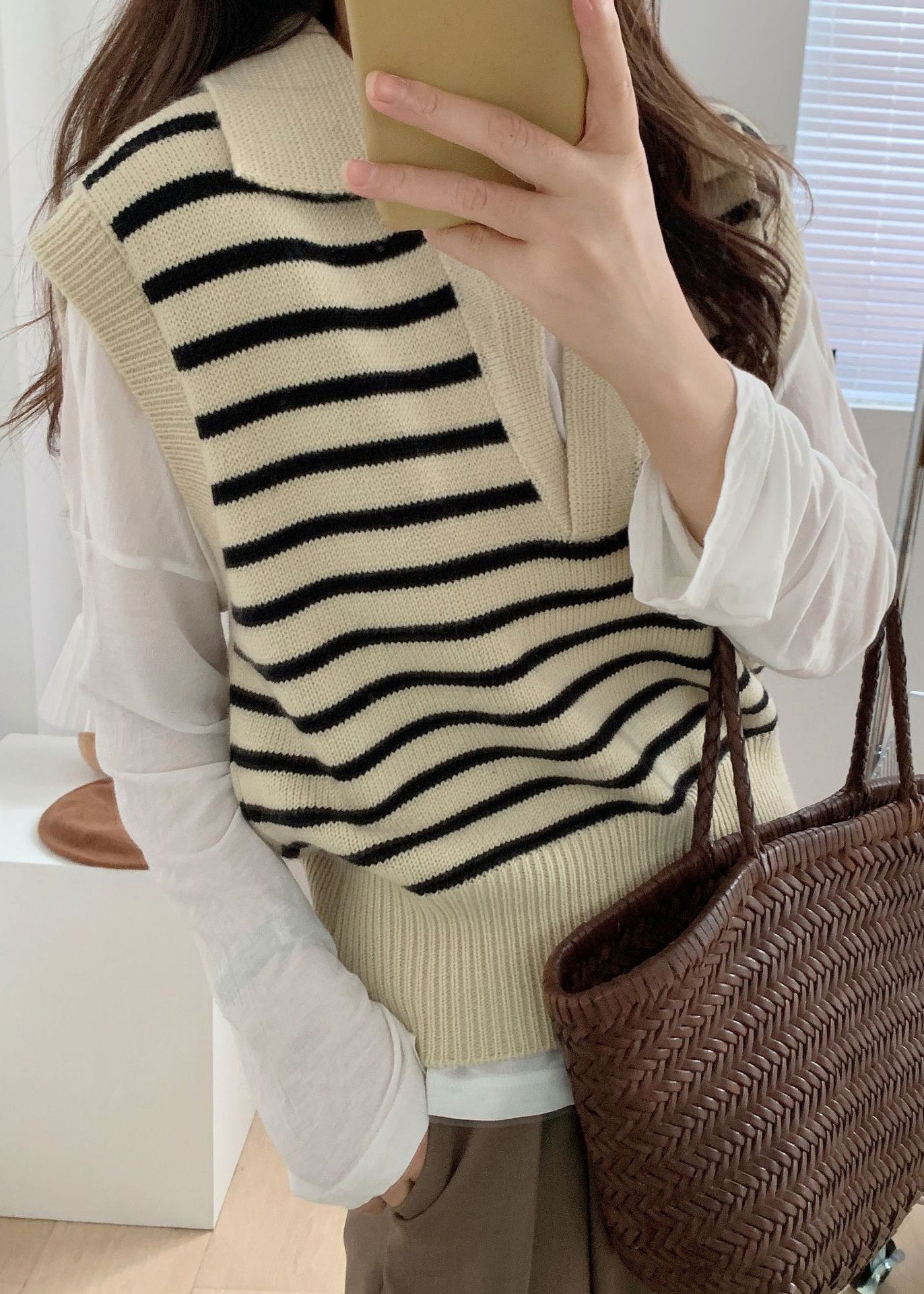 Peter Pan Collar Striped Knit Vest Tops Sleeveless