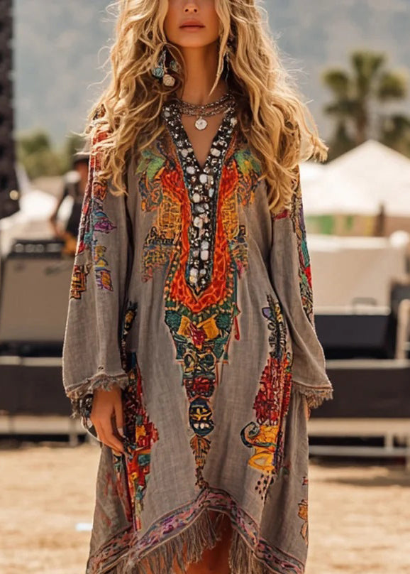 Grey V Neck Tassel Print Dress Spring