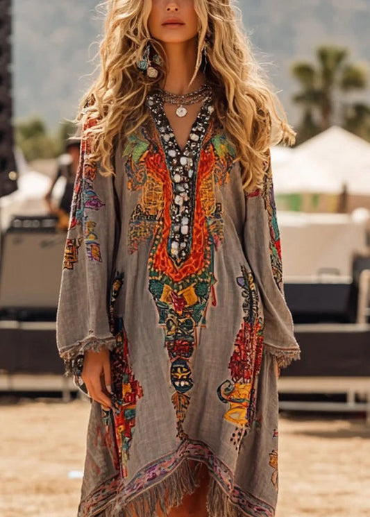Grey V Neck Tassel Print Dress Spring