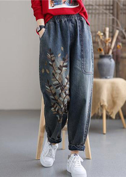 Art Blue Embroidered Pockets Elastic Waist Cotton Denim Harem Pants Fall
