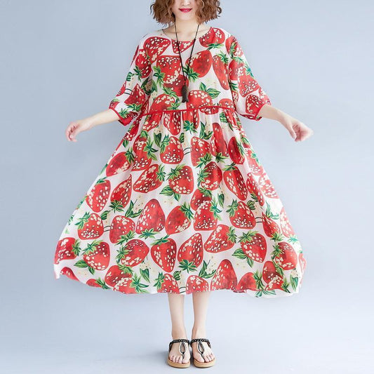 Red Print Natural Chiffon Dress Oversized Dress Boutique Short Sleeve O Neck Extra Large Hem Midi Dress