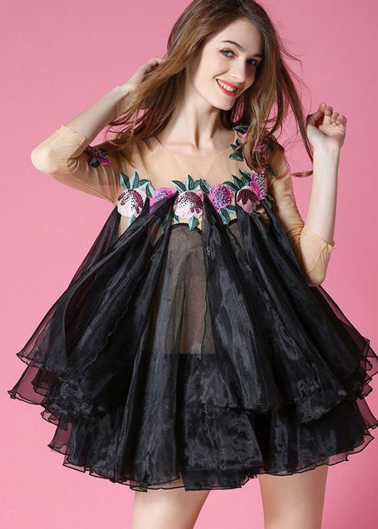 Black Embroideried Patchwork Organza Mini Dress Bracelet Sleeve
