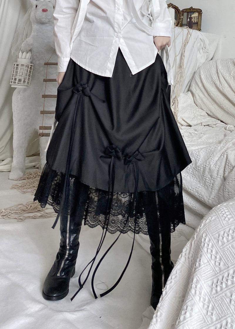 Italian Black Asymmetrical Lace Patchwork Rose Skirts Fall