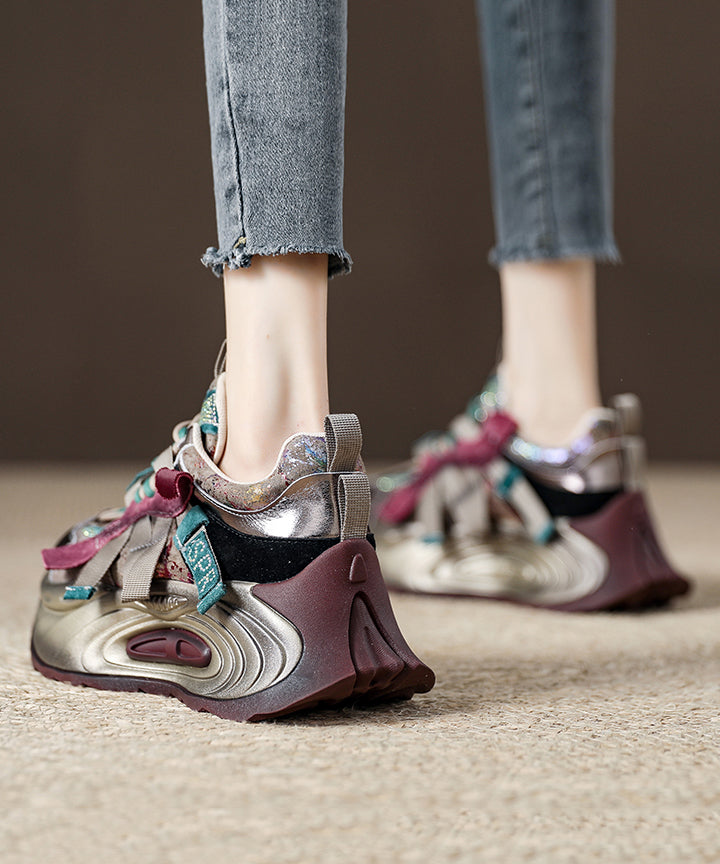 Purple Lace Up Zircon Splicing Platform Flat Shoes for