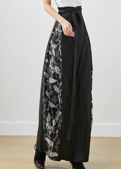 Stylish Black Tie Waist Patchwork Silk a Line Skirts Fall