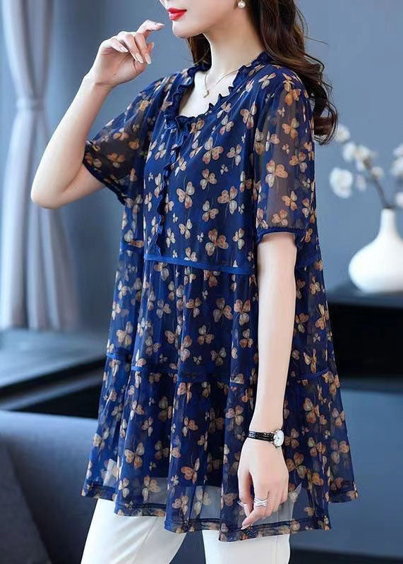 Blue Ruffled Print Patchwork Linen Blouse Tops Summer