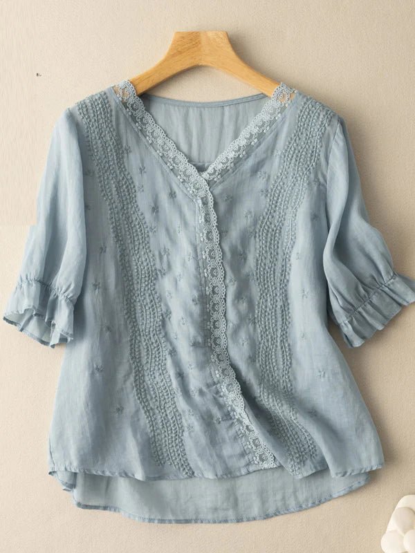 Embroidered V Neck Ruffled Short Sleeve Linen Top