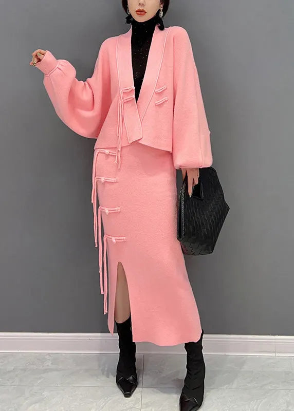 Pink V Neck Button Woolen Top and Maxi Skirts Two Pieces Set Winter