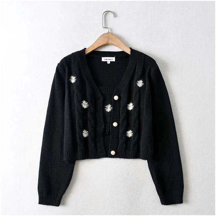 Flower Embroidery Short Loose Cardigan Top Coat 7212